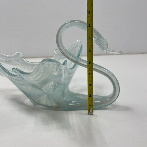 Vintage Hand Blown Art Glass Swan Bowl Dish Blue White Swirl Mid-Century Large