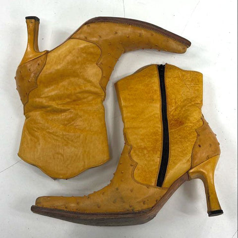 Y2K Soto Boots Tan Full Quill Ostrich Leather Heeled Ankle Boots Size 9.5