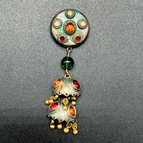 Vintage Ethnic Indian Jhumka Dangle Brooch Hair Pin Glass Cabochons 4.5"