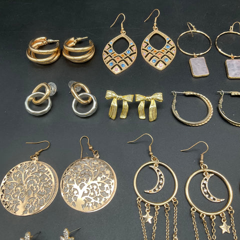 Costume Jewelry Lot 18 Pairs Gold & Silver Tone Earrings Celestial Hoop Dangle