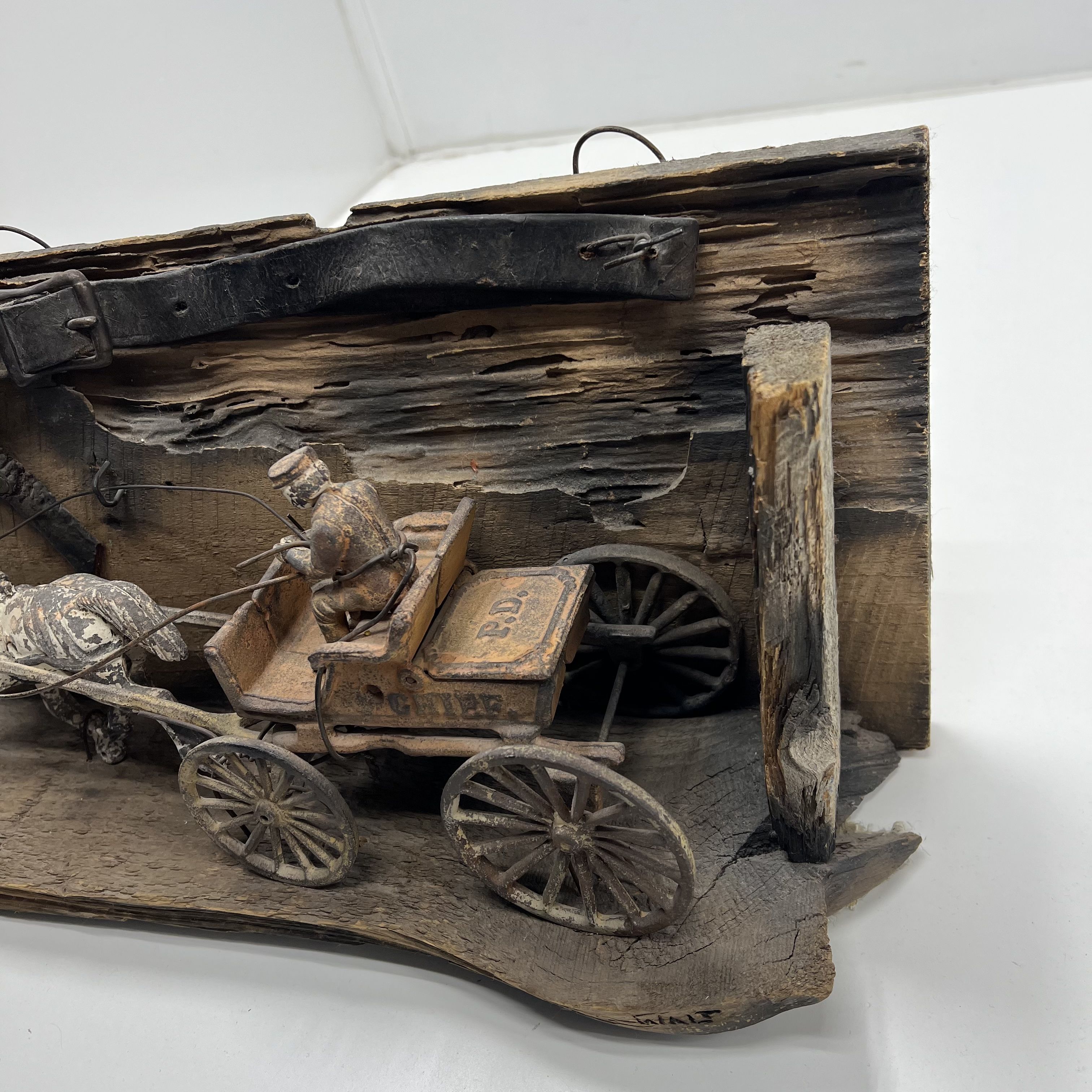 Vintage Cast Iron Police Chief Wagon Horse Primitive Folk Art Wood Display