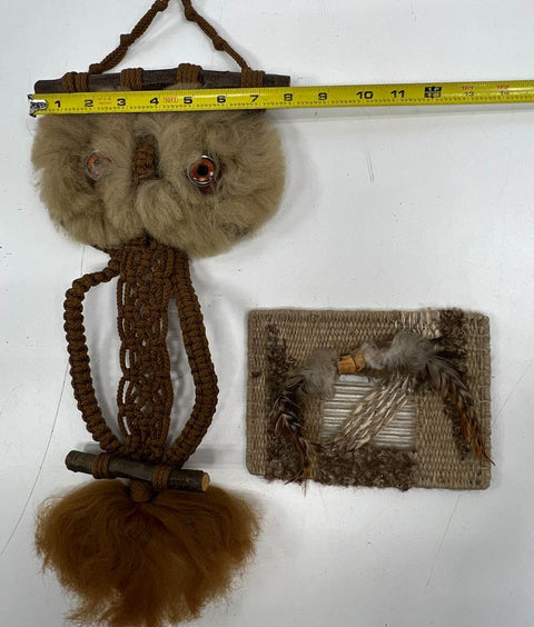 Vintage 1970s Macrame Owl & Woven Fiber Art Wall Hanging Lot Jute Feathers