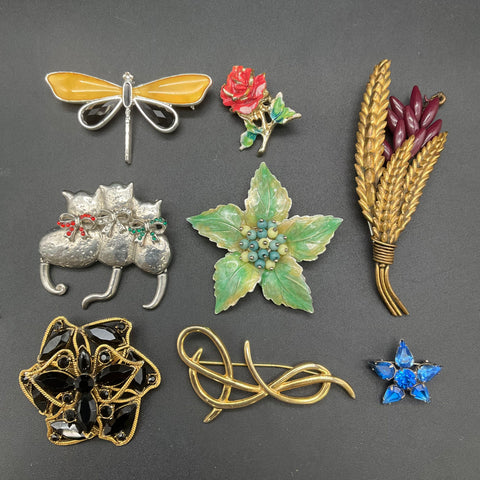 Vintage Costume Jewelry Brooch Lot 8pc Floral Animal Rhinestone Enamel 0.28lb