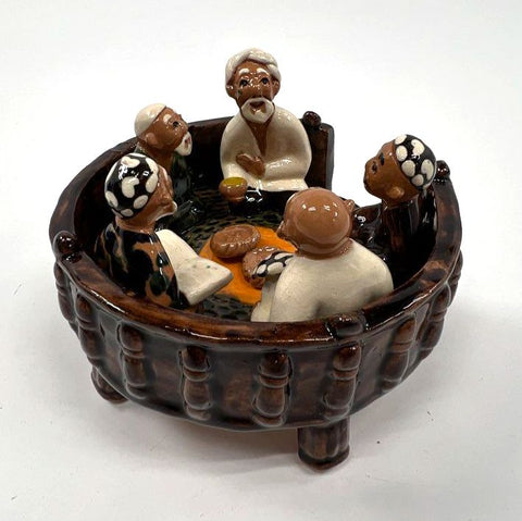 Ceramic Central Asian Tapchan Figurine Men Gathering Hand-Painted With Box