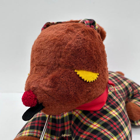 Vintage 1960s Dog Plushie Plaid Brown Faux Fur Stuffed Animal 20 Inch Large