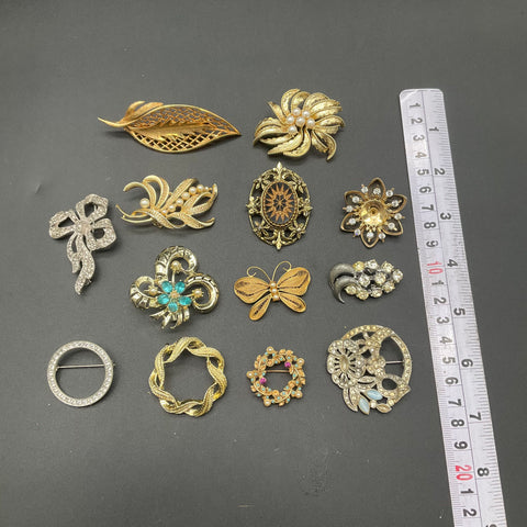 Vintage Brooch Pin Lot of 13 Rhinestone Faux Pearl Gold and Silver Tone