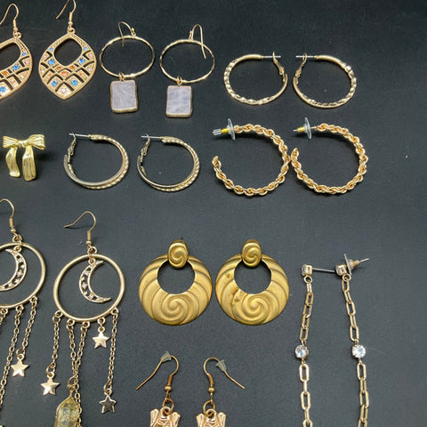 Costume Jewelry Lot 18 Pairs Gold & Silver Tone Earrings Celestial Hoop Dangle