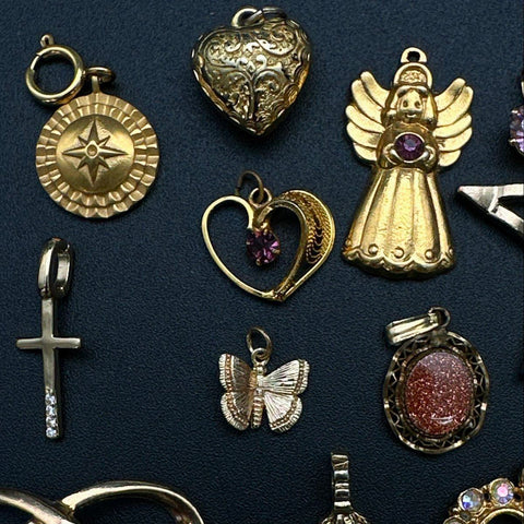 Vintage to Modern Gold Tone Costume Jewelry Lot of 16 Pendants Hearts Crosses