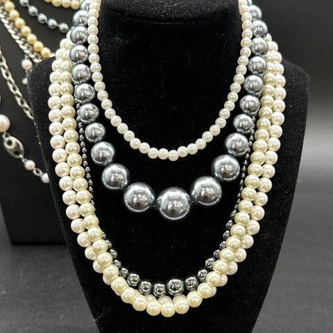 Faux Pearl Costume Jewelry Lot Statement Necklaces Coin Charm Bracelet Tie
