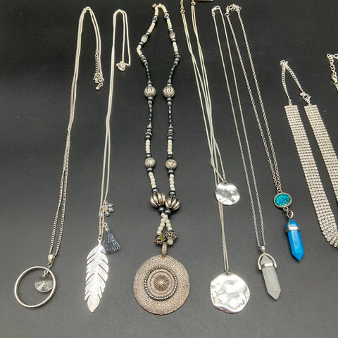 Silver Tone Fashion Jewelry Lot of 11 Necklaces Rhinestone Crystal Boho
