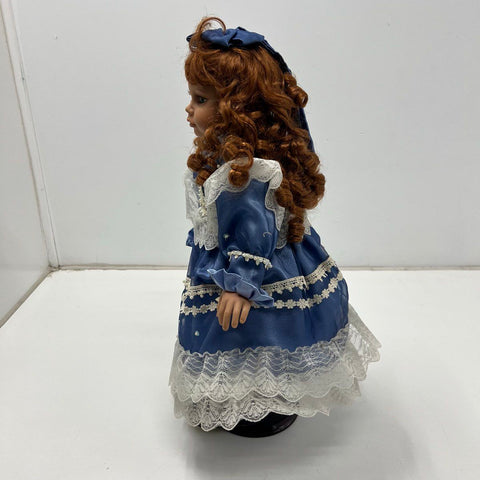 Vintage 90s Collectible Porcelain Doll Red Hair Blue Victorian Dress w/ Stand