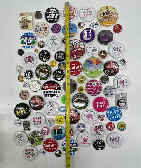 Lot of 85+ Pinback Buttons Enamel Lapel Pins Disney Novelty Humor Awareness