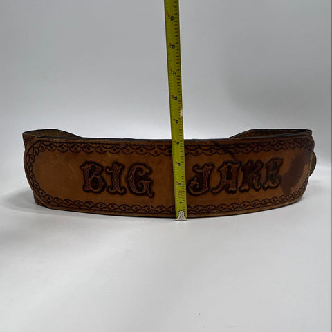 Vintage 70s Custom Tooled Leather Weightlifting Belt Big Jake Double Prong Sz XL