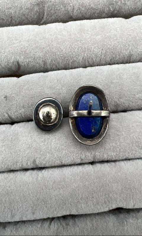 Vintage Silver Tie Tack Lot Hand Carved Cameo & Polished Lapis Lazuli Stone