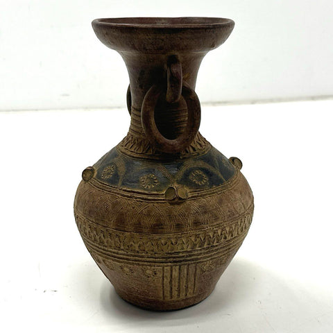 Vintage Pottery Vase Ring Handles Incised Geometric Folk Art Style Brown 11"