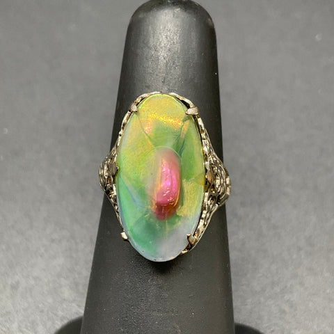 Vintage Art Deco Style Silver Tone Iridescent Glass Filigree Ring Size 4.5