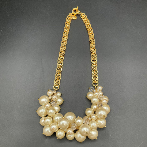 J. Crew Gold Tone Faux Pearl Statement Bib Necklace Cluster 18"