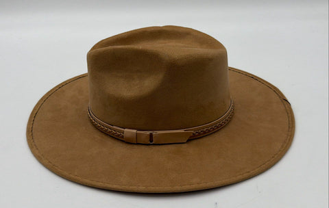 ASN Tan Faux Suede Wide Brim Fedora Hat Paisley Lining Braided Band Sz M