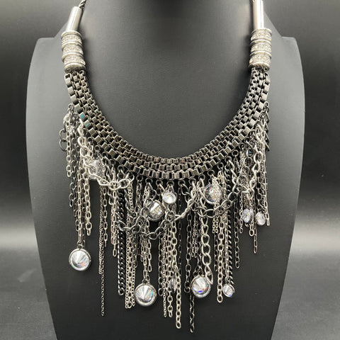 Heavy Mesh Rhinestone Gunmetal Tone Statement Fringe Bib Necklace 18"