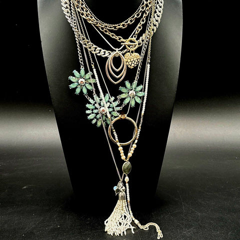 8pc Fashion Necklace Lot Gold & Silver Floral Tassel Heart Rhinestone Boho