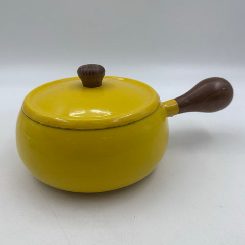 Vintage Yellow Enamel Fondue Pot Set Wood Handle Mid Century Modern 4 Piece