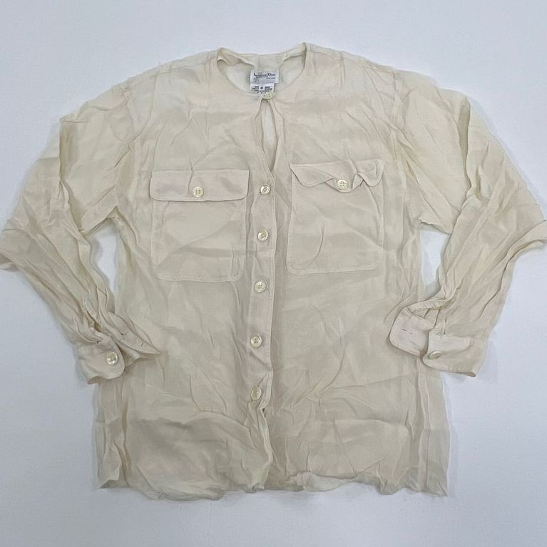 VTG Women's Dior Sheer Ivory 100% Rayon Button Up Long Sleeve Blouse - Size 8