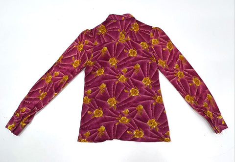 Vintage 70s Lady Ronnie Women's Pink Floral Dagger Collar Button Up Blouse Sz 36