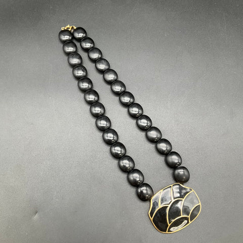 Vintage Signed Trifari Black Enamel Beaded Necklace Gold Tone Statement 18"