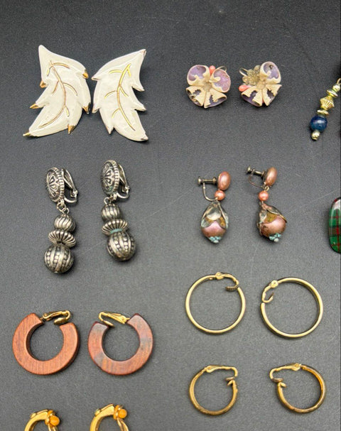 Vintage Costume Clip On Earrings Lot of 28 Pairs Faux Pearl Enamel Rhinestone