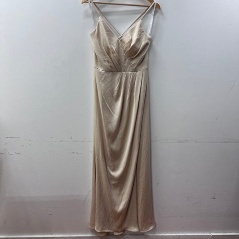 David's Bridal Women's Champagne V-Neck Crepe Satin Gown NWT Sz 6