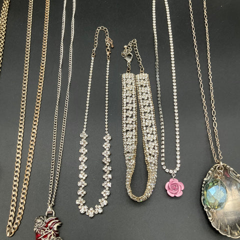 Costume Jewelry Mixed Vintage Style Lot 11 Necklaces Rhinestone Heart Cross