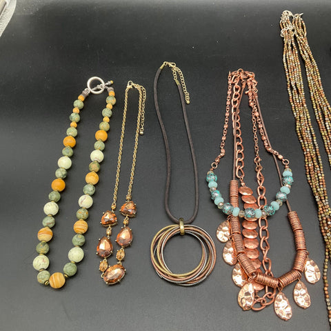 Boho Statement Jewelry Lot of 11 Necklaces Wood Agate Wicker Copper Tone Earthy