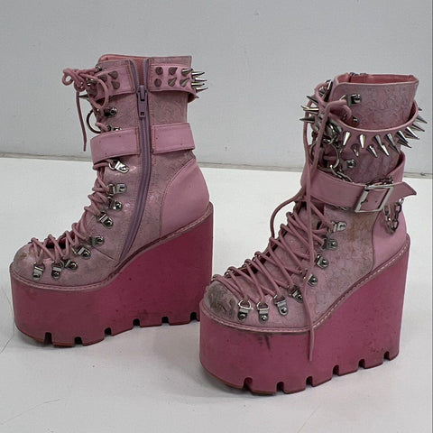 Sugar Thrillz Pink Lace Platform Wedge Combat Boots Spiked Chain Size 7