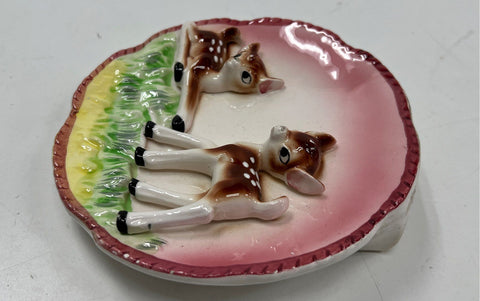 Vintage Ceramic Deer Fawn 3D Relief Wall Pocket Dish Hand-Painted Kitsch 5.5"