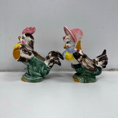 Vintage Ceramic Chicken Planter Pair Rooster Hen Figural Mid Century Style