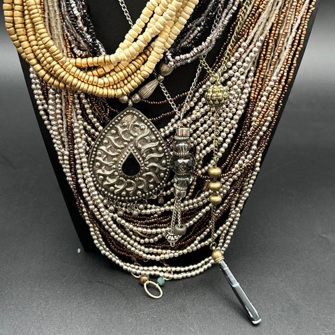 Bohemian Beaded Multi-Strand Statement Necklace Lot of 2 Silver Tone Pendants