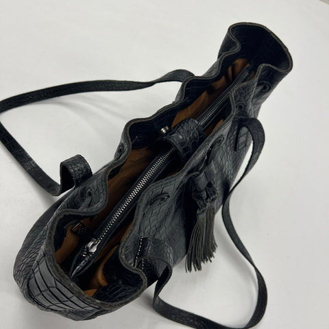 Patricia Nash Black Croc Embossed Leather Tassel Tote Shoulder Bag