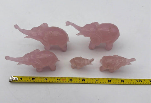 Art Glass Elephant Figurine Set 5 Piece Lot Pink Trunk Up Luck Vintage Style