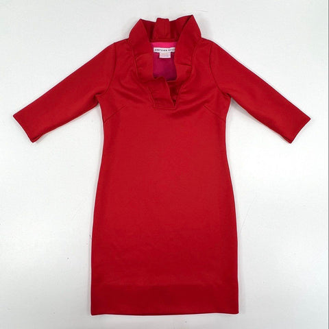 Gretchen Scott Women's Red Ruffle Neck 3/4 Sleeve Tunic Dress Sz XS