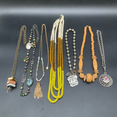 Vintage & Modern Costume Jewelry Lot 7 Statement Beaded & Pendant Necklaces Boho
