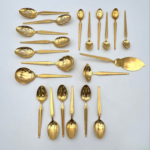 Vintage Gold Tone Flatware Set 21pc Bark Texture Handle Assorted Serving Pieces