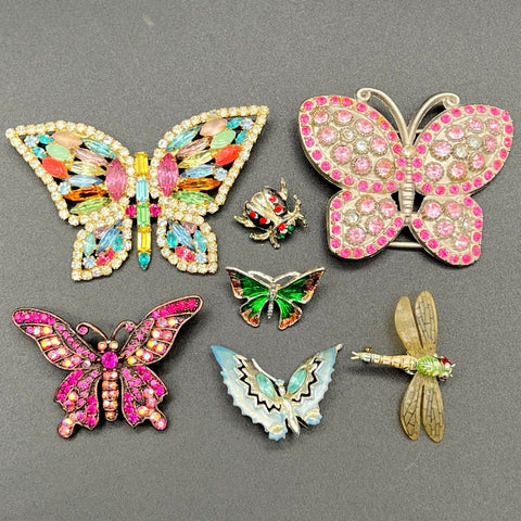 Vintage Butterfly Insect Jewelry Lot Rhinestone Enamel Brooch Necklace Earrings