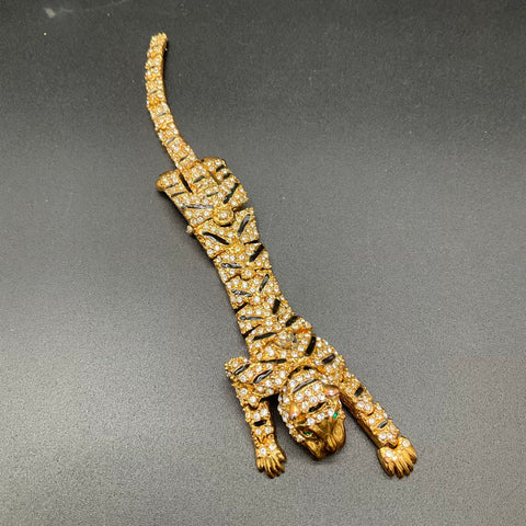 Vintage Articulated Tiger Brooch Pave Rhinestone Black Enamel Over the Shoulder