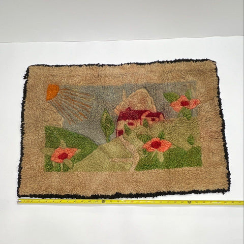 Vintage Hand Hooked Rug Wall Hanging Folk Art Landscape Cottage House Sun