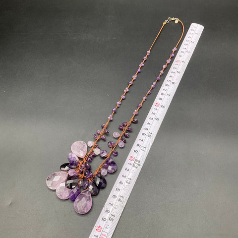 Chan Luu Sterling Silver 925 Amethyst Woven Cord Beaded Statement Necklace 30"