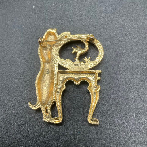 Vintage Gold Tone Cat Brooches Lot of 2 Feline Garden and Fence Designs