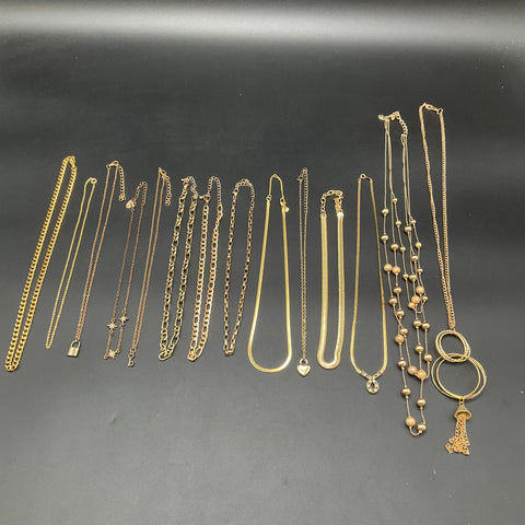Gold Tone Necklace Lot of 14 Curb Herringbone Snake Chains Mixed Styles