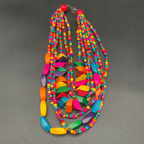 Vintage Multicolor Wooden Bead Multi-Strand Necklace Boho Kidcore 24"