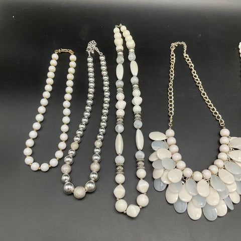 Mixed Fashion Jewelry Lot 10 Necklaces Statement Beaded Silver Tone White