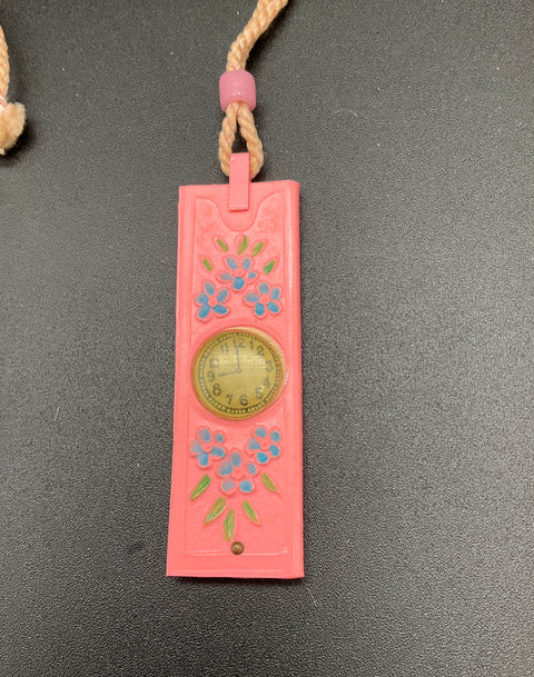 Vintage Mid-Century Girl's Pink Celluloid Toy Jewelry Set Watch Compact Comb